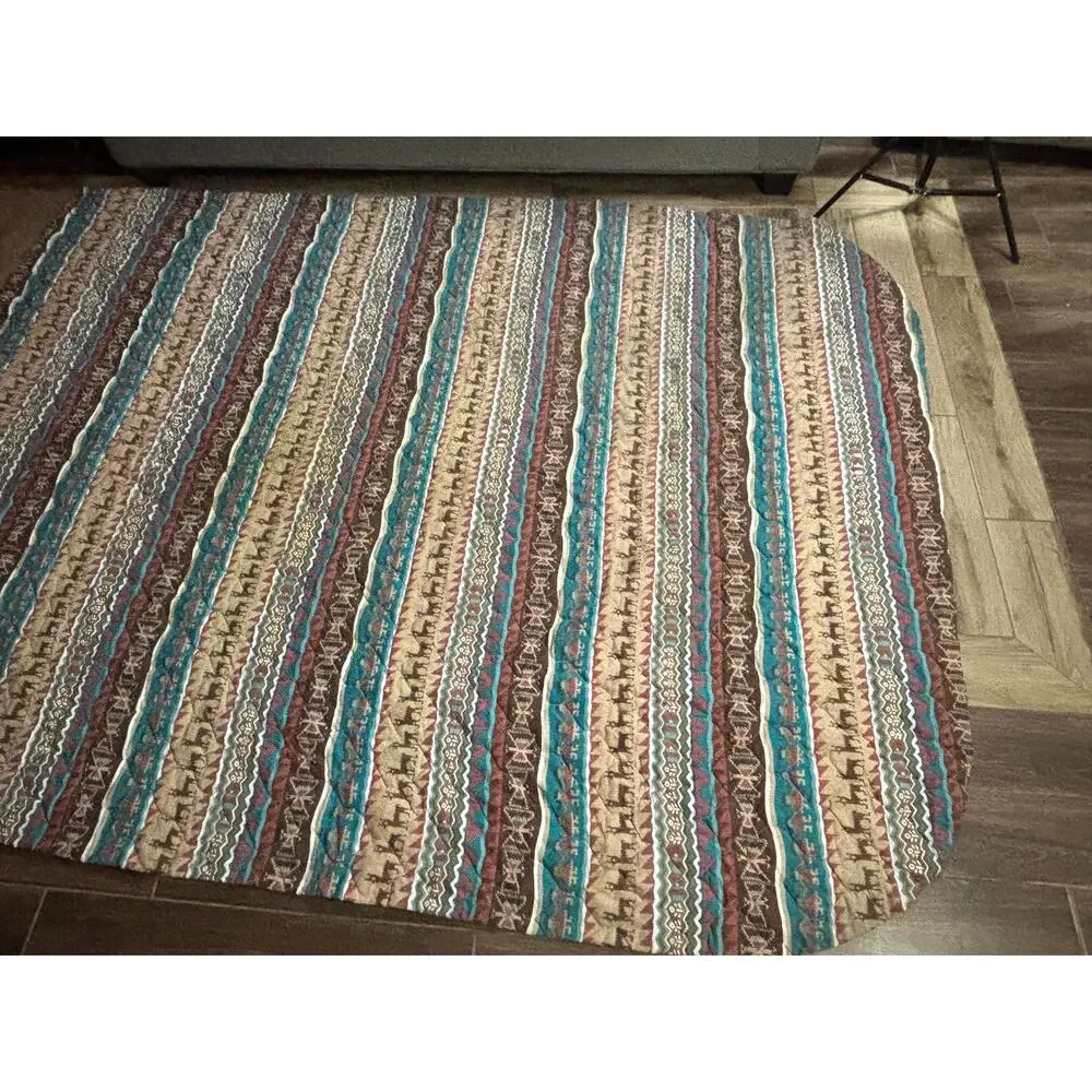 VTG Twin Size Western Aztec Quilt Blanket Throw‎ Turquoise Brown Southwest USA